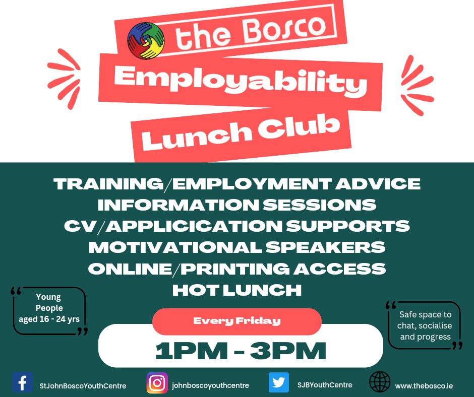 SJBYouthCentre's tweet photo. Delighted launch our Employability Lunch Club.
For those aged 16 - 24 yrs looking to return employment, training and education,
Along with a hot lunch in a safe and relaxed environment, we provide support, information and mentoring supports.
#EmployabilityProgramme #drimnagh https://t.co/PY4n0X5Cuh