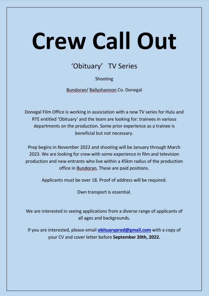 donegalfilm's tweet photo. The Film Office @donegalcouncil welcomes team 'Obituary' to Donegal. Shooting in Bundoran/Ballyshannon Area. Apply now! #lovedonegal #donegalfilmoffice #obituarytvseries #magamedia #HULU #RTE #WRAP https://t.co/5Z8PBdlm2I