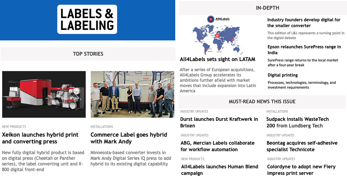 LabelsNLabeling's tweet photo. LABEL NEWS
Top headlines: @Xeikon launches #hybrid print and #converting press; Commerce Label goes hybrid with @MarkAndyInc and much more: https://t.co/kCWIdyPq5Z
#LabelexpoAmericas #Labels #Packaging #LabelCommunity #LabelNews #LabelLeaders #DigitalPrint #Inkjet https://t.co/ZjQVS1jPFN