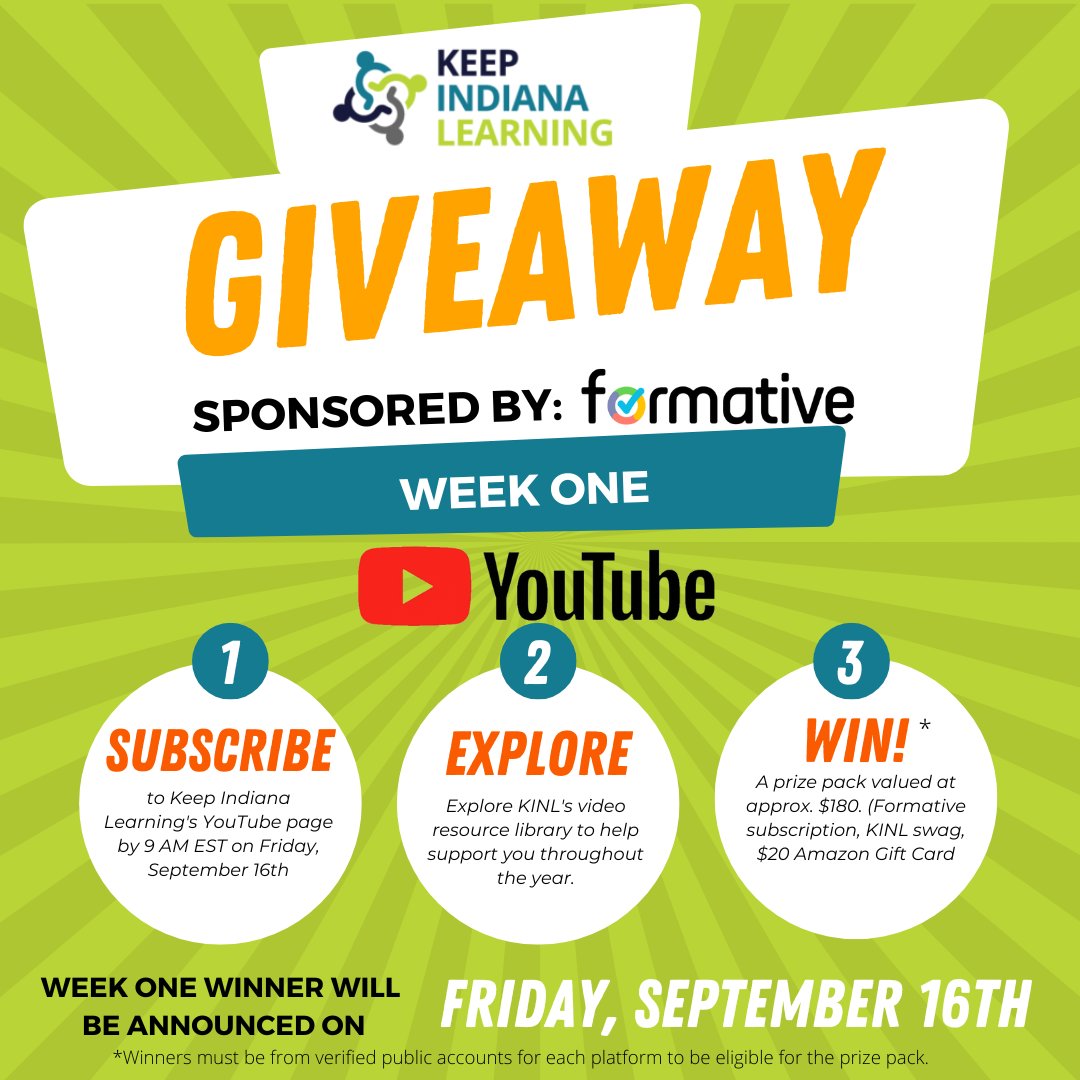 Educators! Subscribe to <a href="/KeepINLearning/">Keep Indiana Learning</a>'s YouTube page this week to be entered for an amazing prize pack sponsored by <a href="/goformative/">formative</a>.  Great #KINL resources can be found here: youtube.com/c/KeepIndianaL…