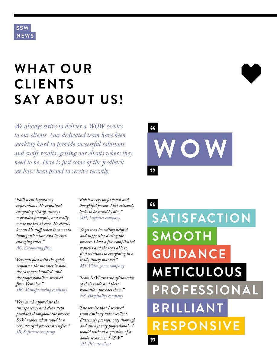 SSW_Immigration's tweet photo. What our clients say about us! We are delighted to share just a fraction of the positive feedback we have received from clients recently in the latest edition of #Insight. Read more: https://t.co/Tj6P9pXcGN
#TestimonialTuesday #WOWService https://t.co/KueEEqMRrX