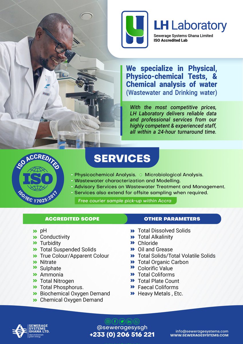 seweragesysgh's tweet photo. Get your ISO Accredited Lab Tests (Physical, Physico-chemical tests, &amp; Chemical Analysis of Wastewater and Drinking Water) &amp; more done by Ghana's top Lab, LH Laboratory at very competitive prices.
We deliver reliable data &amp; professional services within a 24hr turnaround time. https://t.co/ShzOpLpsPs