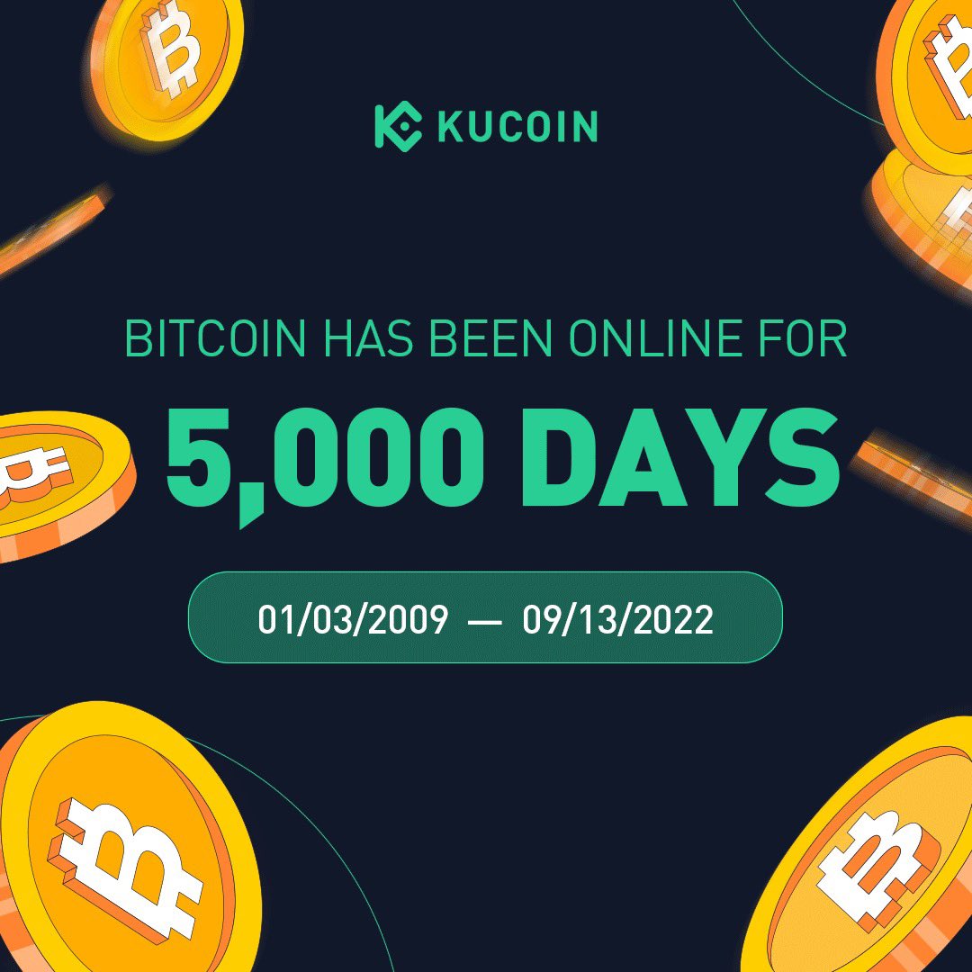 kucoincom's tweet photo. Happy 5,000 Days, #Bitcoin! https://t.co/yioNCNHO1W
