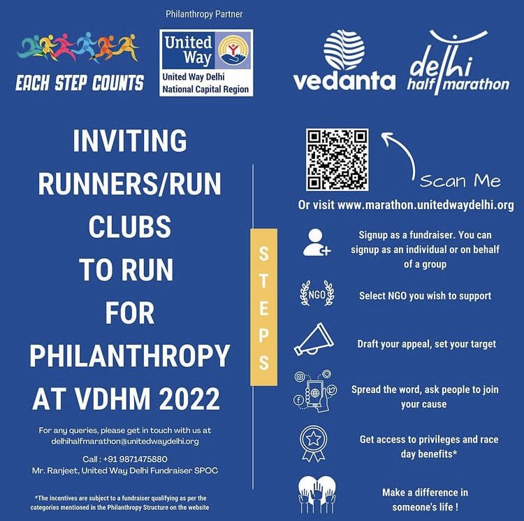 United Way Delhi, the event's official philanthropy partner would like to invite you to run for a cause you believe in and signup as a fundraiser. 

Get registered today !!

<a href="/DelhiHM_/">Vedanta Delhi Half Marathon</a> 
#VedantaDelhiHalfMarathon #EachStepCounts