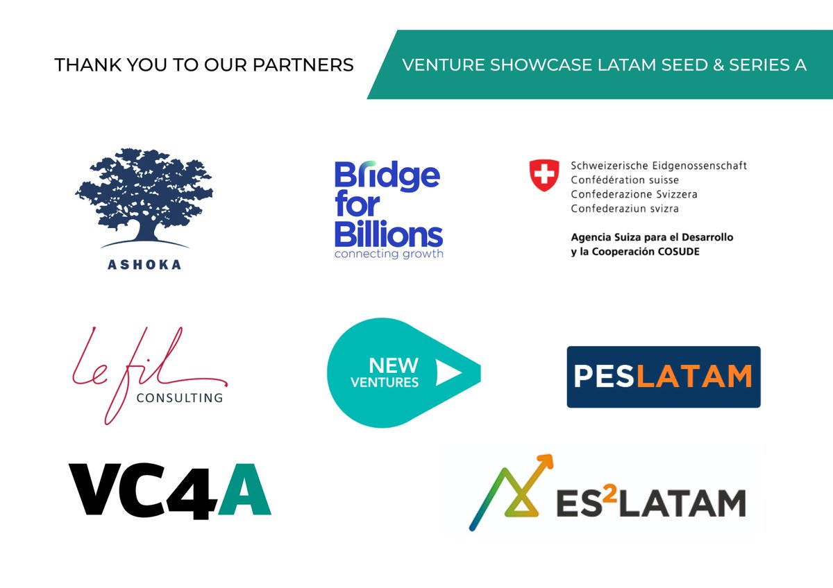 VC4A_Africa's tweet photo. Meet our long-term partners whose support made the VC4A Venture Showcase Latam: Seed & Series A possible. Special thanks to #PESLatam consortium for their contribution!
Thanks o the leading organisations, @Bridge4Billions, Lefil Consulting, @Ashoka @ES2_Latam & @NewVenturesMX https://t.co/8RYjqpOsgk