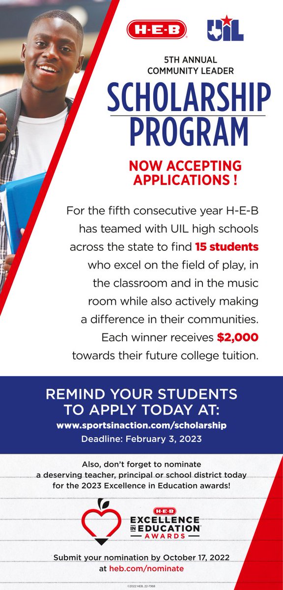 SMHS College & Career Center (@smhs_ccc) on Twitter photo Are you a senior who participates in UIL? Then you have the chance to win this H-E-B scholarship😁
Requirements:
3.3+ GPA
UIL participant in high school
Active in community service (with proof)
Letter of recommendation
Short essay
Apply: sportsinaction.com/scholarship/
Deadline: 2-3-23 Are you a senior who participates in UIL? Then you have the chance to win this H-E-B scholarship😁
Requirements:
3.3+ GPA
UIL participant in high school
Active in community service (with proof)
Letter of recommendation
Short essay
Apply: sportsinaction.com/scholarship/
Deadline: 2-3-23