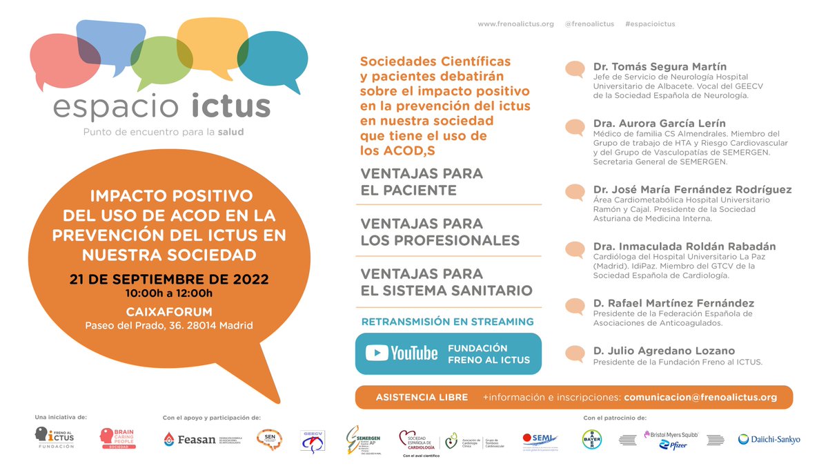 frenoalictus's tweet photo. 🔴¿Aún no te has apuntado a la VIII edición de #ESPACIOICTUS?
📅 21 sept
⏰10h a 12h
📍CaixaForum
📩Registros: contacto@frenoalictus.org
💡Expertos debatirán junto a pacientes, el impacto positivo del uso de #ACOD en la prevención del #ictus
➕
https://t.co/db9KaDBEaK https://t.co/TMDA4in6Gw