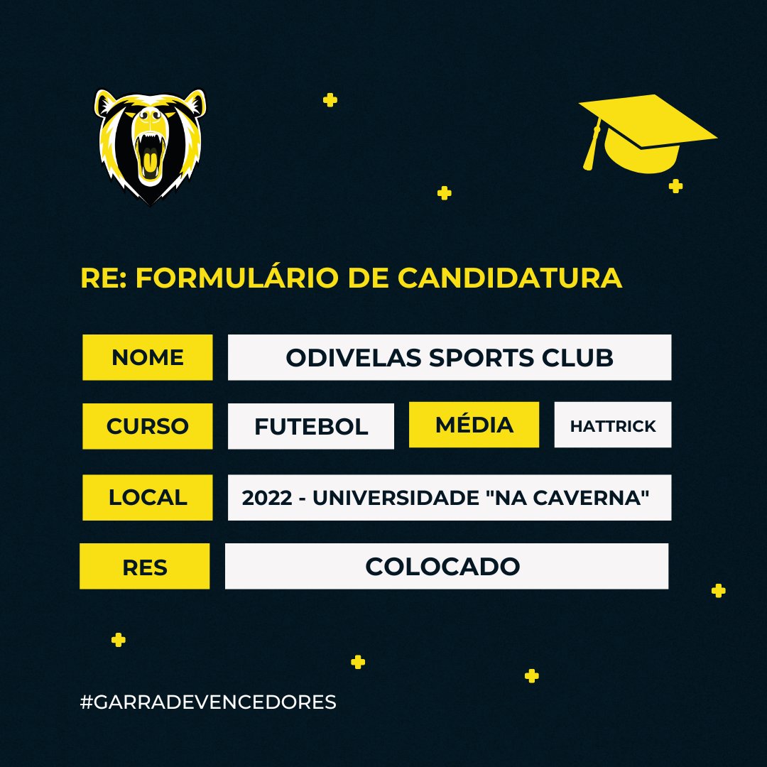 OdivelasSC's tweet photo. Candidataste-te à Caverna? Bem vindo ao curso FUTEBOL! 🐻🟡
VAMOS COM TUDOOO! 🐻⚡
#osc #odivelassportsclub #candidatura #curso #colocado #futebol #football #odivelas https://t.co/GjK3LZ4ARi