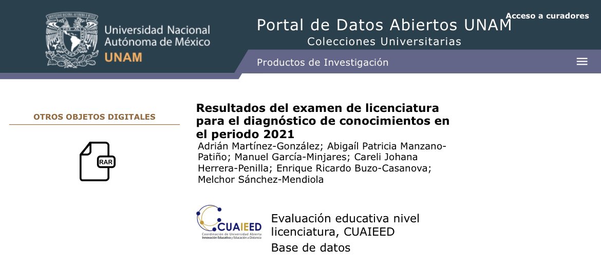 En el espíritu de datos abiertos, colocamos los resultados del examen diagnóstico en el Portal de Datos Abiertos de la UNAM: “Resultados del examen de licenciatura para el diagnóstico de conocimientos en el periodo 2021 UNAM” #UNAM #OpenData datosabiertos.unam.mx/CUAIEED:DXLIC:…