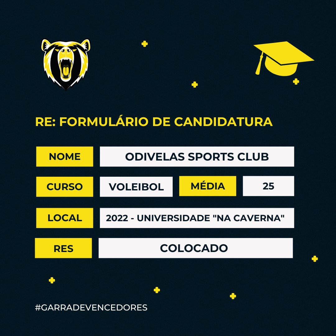 OdivelasSC's tweet photo. Temos uma novidade para ti - foste colocado na Caverna! 🐻🟡
VAMOOOOOS! 🐻 💪
#osc #odivelassportsclub #candidatura #curso #colocado #volleyball #volei #voleibol #volley #odivelas https://t.co/aMkvymACCs