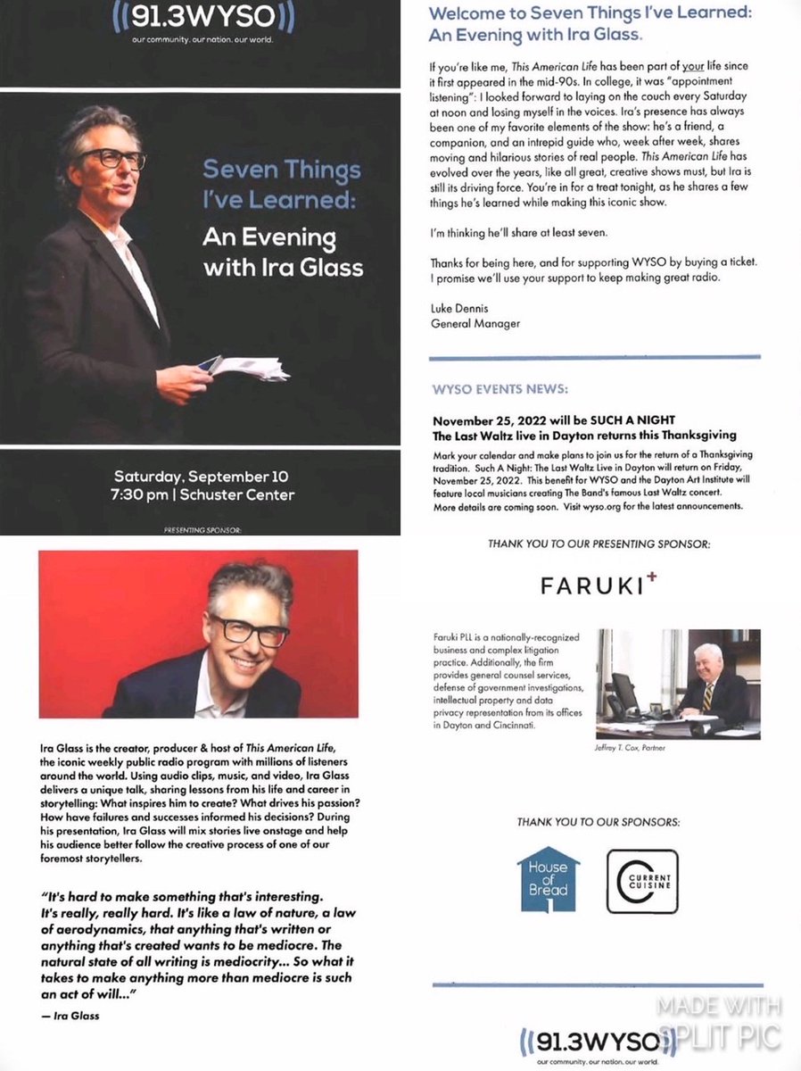 "An Evening With Ira Glass"--an evening to remember.  Proud to have been a presenting sponsor.  <a href="/ThisAmerLife/">This American Life</a>. <a href="/WYSO/">WYSO Public Radio | 91.3 FM</a> #FarukiLeads.