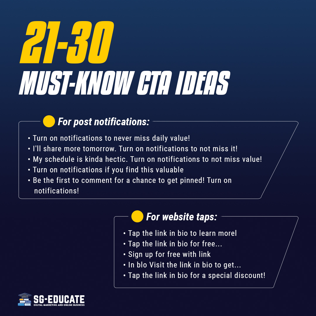sgeducatee's tweet photo. 30 Kick Ass Call to actions that definitely works.
A powerful CTA directs people to take action — whether to purchase, subscribe, book or do any other activity that serves the business’s goal.
#CTA #ideas #growyouraudience #growthstrategy #socialmediamarketing #business https://t.co/h3B1xOCOID