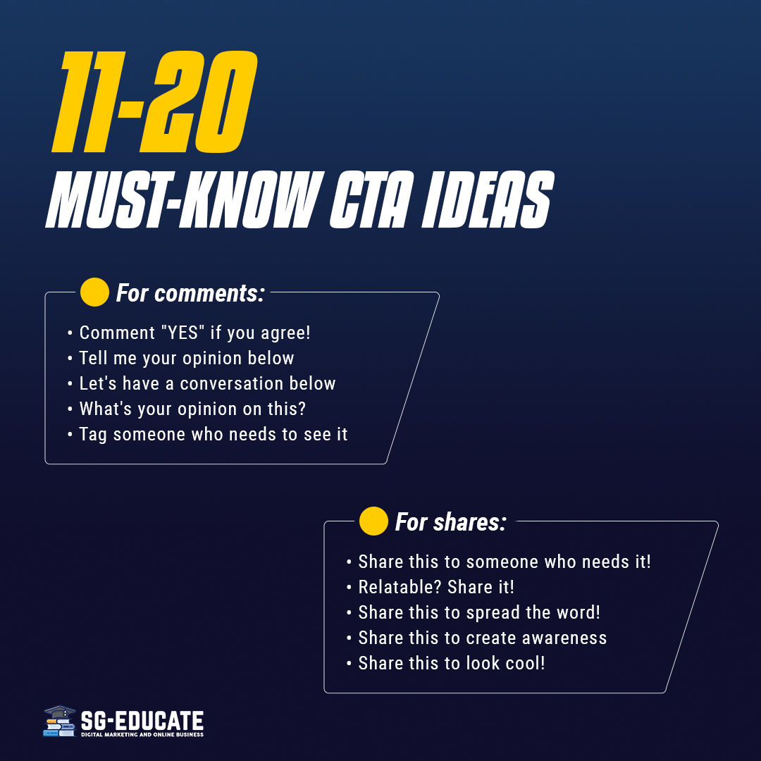 sgeducatee's tweet photo. 30 Kick Ass Call to actions that definitely works.
A powerful CTA directs people to take action — whether to purchase, subscribe, book or do any other activity that serves the business’s goal.
#CTA #ideas #growyouraudience #growthstrategy #socialmediamarketing #business https://t.co/h3B1xOCOID