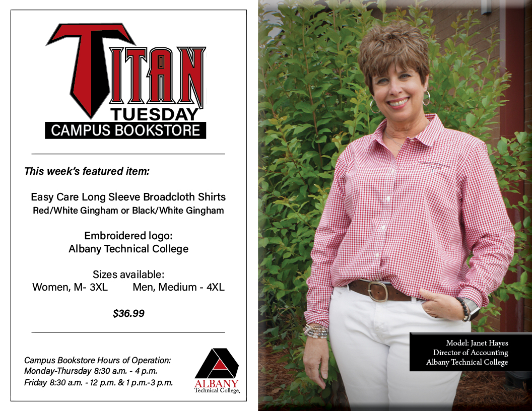 AlbanyTech's tweet photo. It's Titan Tuesday at the Campus Bookstore!
This week's featured item:
Easy Care Long Sleeve Broadcloth Shirts
Check out all the great finds at the Bookstore.
#albanyga #albanytech #albanytechnicalcollege #titannation #titan #titanup #atccampusbookstore https://t.co/TFRpKwDtnY