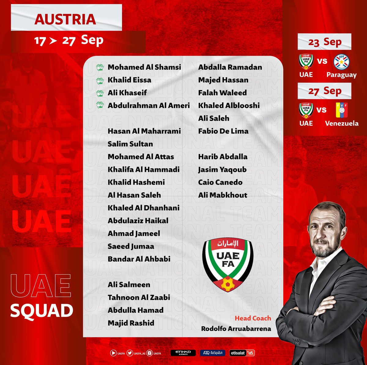 UAEFNT's tweet photo. #UAE_NT Expanded Squad List for Austria's Camp .. https://t.co/BbNDYvJnCF