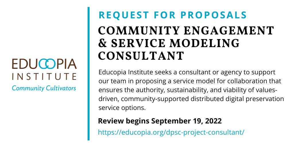 ICYMI: The #DPSCProject seeks a Community Engagement &amp; Service Modeling Consultant!

Learn more: educopia.org/dpsc-project-c…