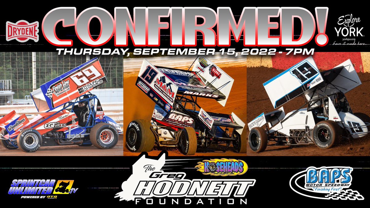 🚨 <a href="/bmracing19/">Brent Marks</a> Cameron Smith, <a href="/19_Wagaman_Jr/">Troy Wagaman Jr</a> will all be in attendance for this Thursday September 15 <a href="/hosehead33/">Allan Holland "Hoseheads"</a> Greg Hodnett Foundation race presented by <a href="/TeamDrydene/">Drydene</a>

💰 $5,000 to win
🚗 410 Sprint Cars &amp; <a href="/PASprintSeries/">PA Sprint Series</a> 
7pm racing!

Watch live on SPRINTCARUNLIMITED.tv