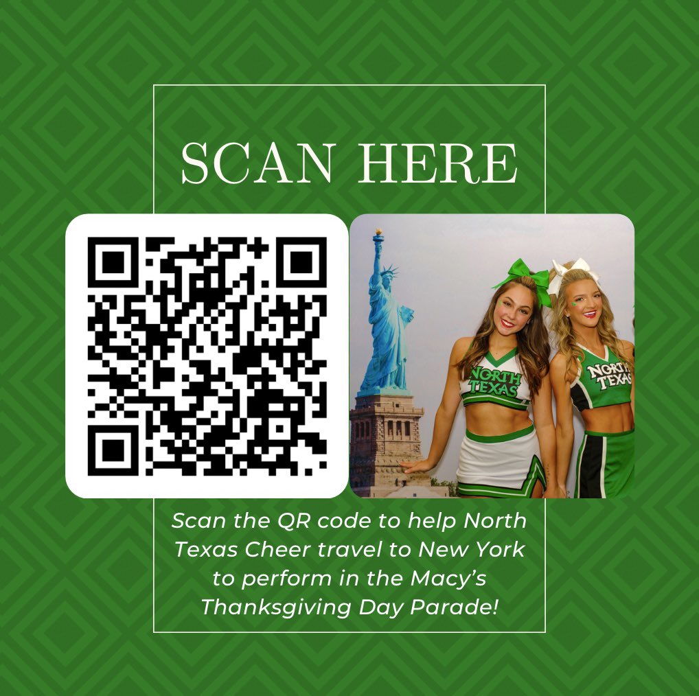 Scan the QR code to help us travel to New York to perform in the Macy’s Thanksgiving Day Parade!🗽All the support is greatly appreciated.💚 
#unt #gmg #macysthanksgivingdayparade  
<a href="/UNTActivities/">UNT Student Activities</a>