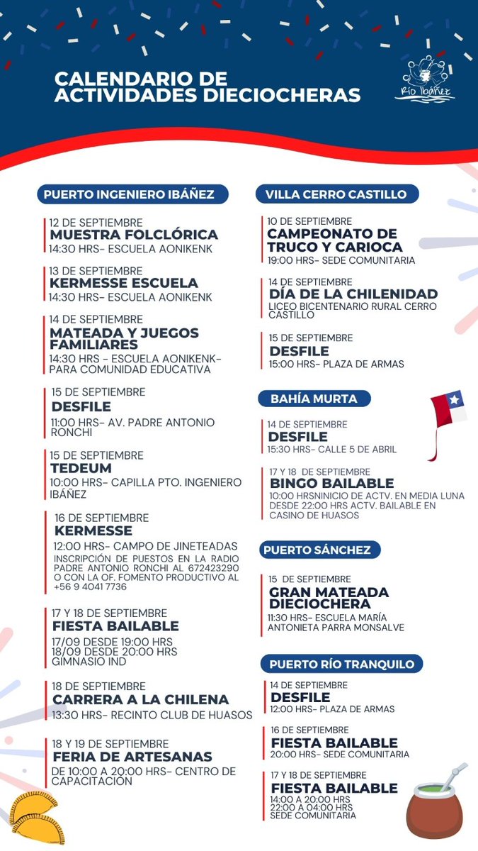 Calendario de actividades de Fiestas Patrias en Río Ibáñez 🇨🇱
#18deseptiembre