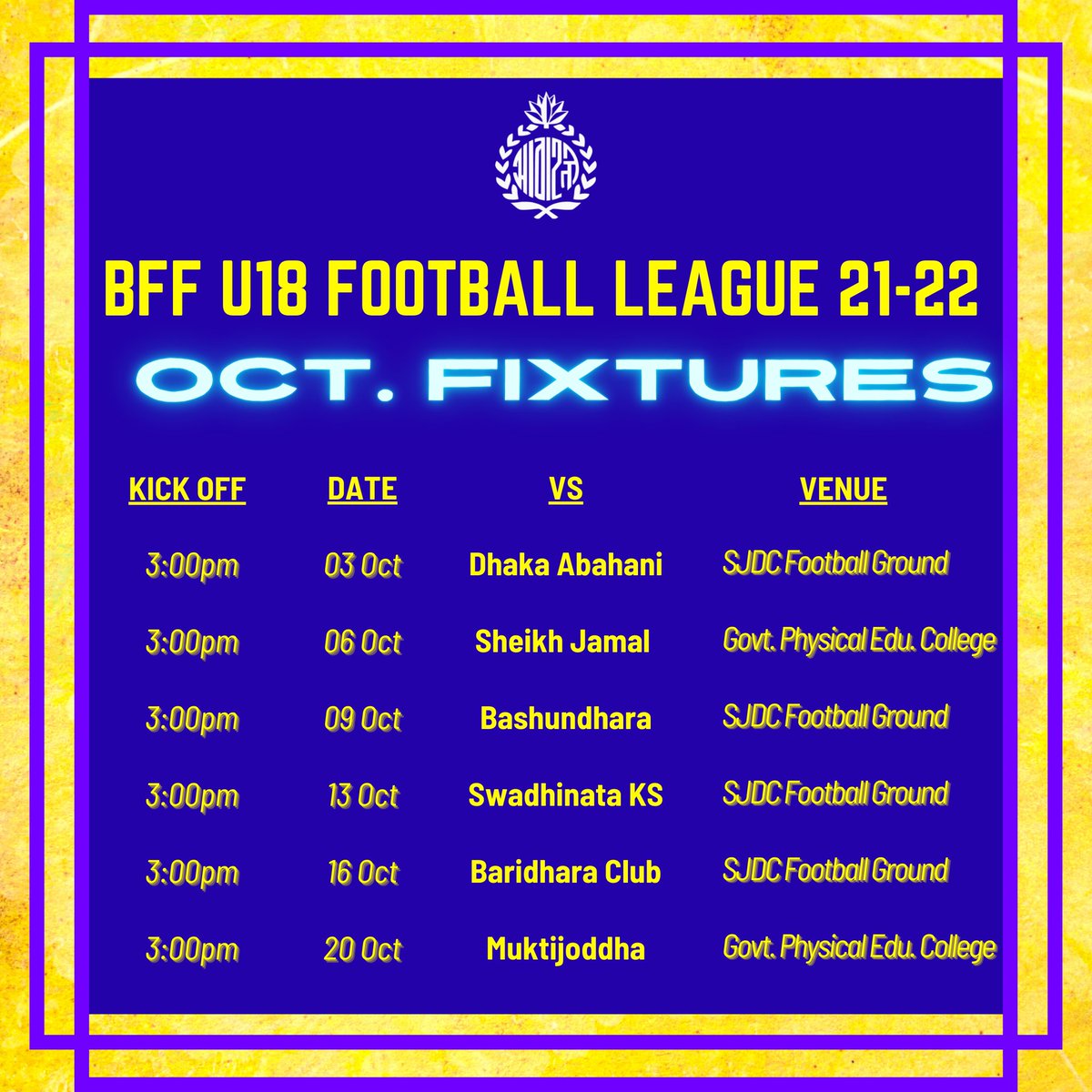 CTGAbahaniLtd's tweet photo. 🔵🟡 #CALU18 Full Youth League Fixture ⚡
#CAL #BuildingFuture🌟 https://t.co/rvsGm2ZrlR