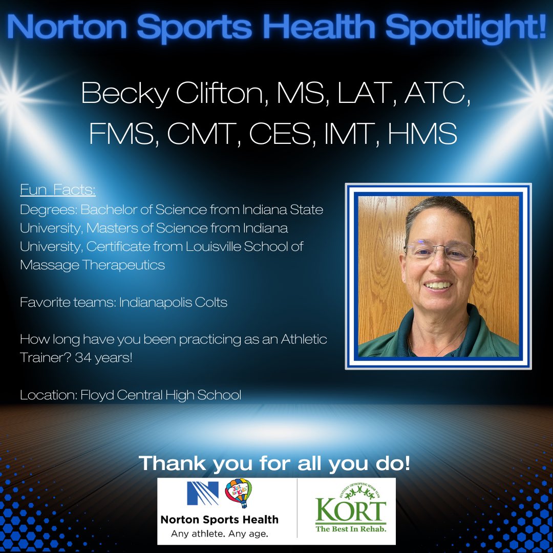 NHCsportshealth's tweet photo. Norton Sports Health Spotlight! Becky Clifton is a fantastic Athletic Trainer and person. She is a leader in the Athletic Training profession and a true asset for Norton Sports Health and @KORTPT. Thank you for all you do Becky!! #legendsofsportsmedicine #anyathleteanyage https://t.co/6krfmUaElR