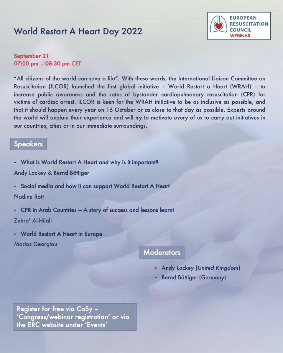 ERC_resus's tweet photo. Join us on 21 September when we look ahead to #WorldRestartAHeart 2022 in our new free webinar! Register now via https://t.co/Vco7dgK2Lm! https://t.co/OpAepimTCh