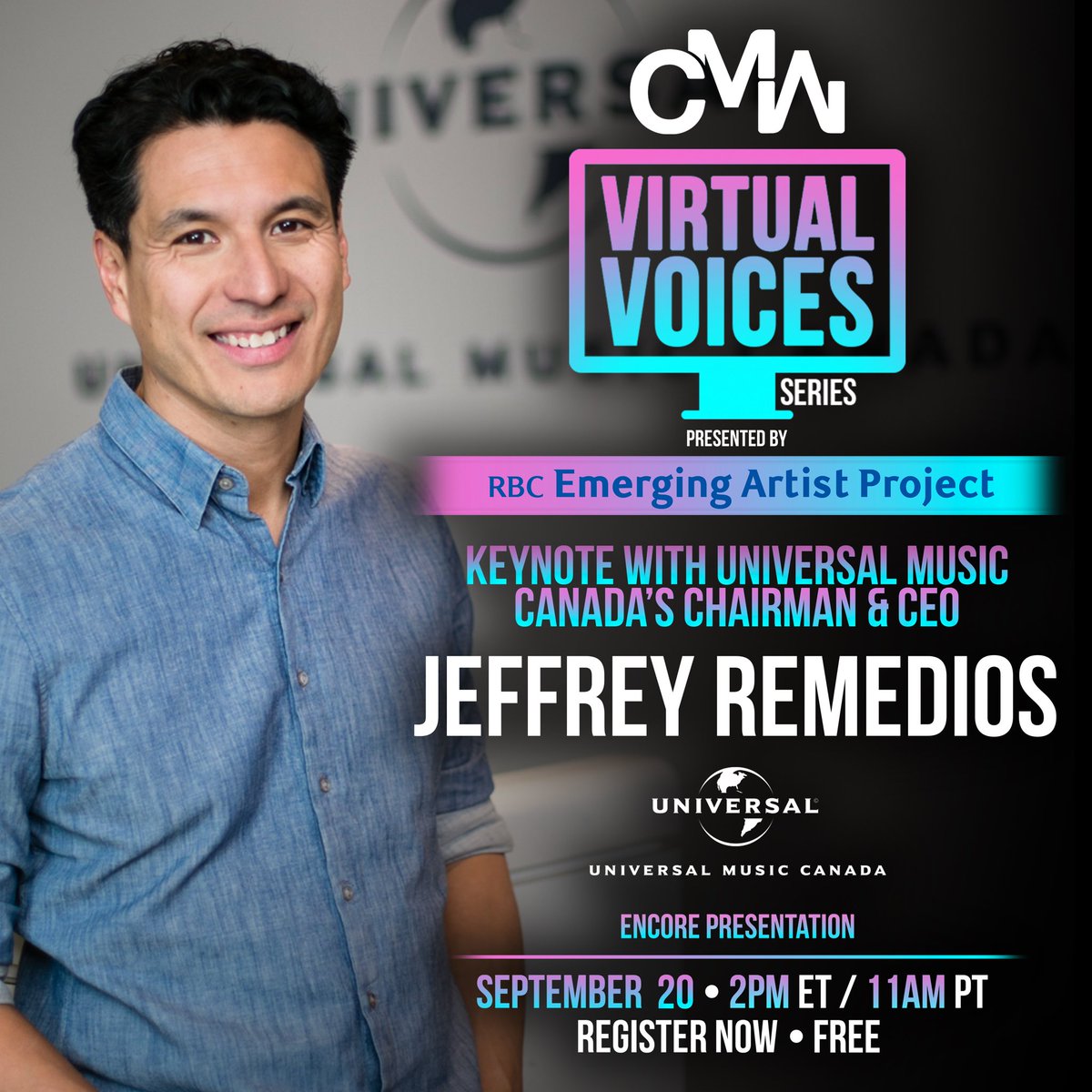 Virtual Voices is back with an encore presentation of Universal Music Canada’s Chairman & CEO Jeffrey Remedios. Tune in next Tuesday September 20th at 2pm ET. Register now -> bit.ly/3Ql0e1X