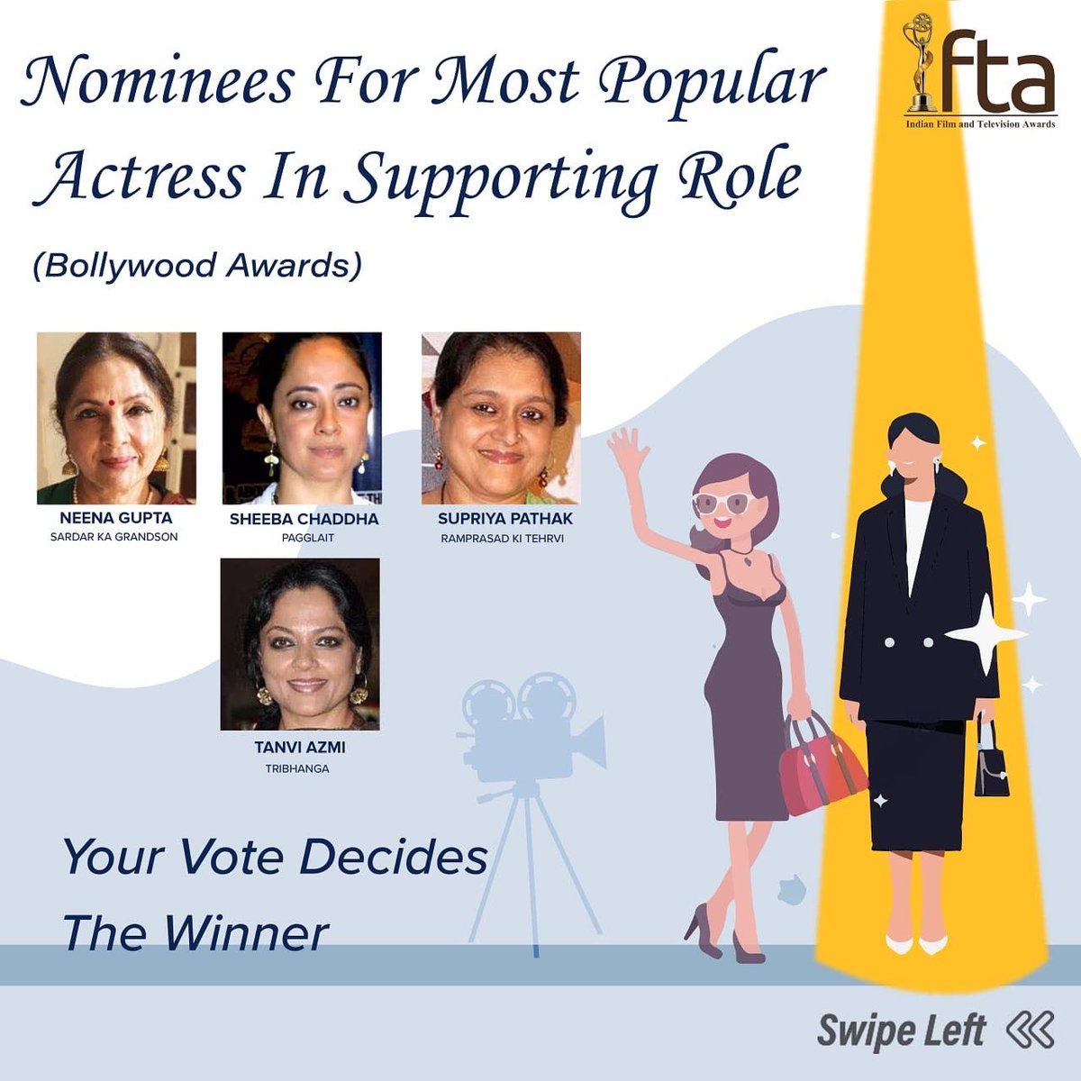 ifta_india's tweet photo. Vote for your Favourite Actress in Supporting role on https://t.co/4UrMcXNJeh and make them win IFTA 2022 ๐ #ifta #polbol #peopleschoiceawards
@Neenagupta001 @chadha_sheeba @tanviazmi @LaraDutta @SaieTamhankar @sayanigupta @Shrutiisharma_ @krystledsouza https://t.co/qeTJ86STZZ