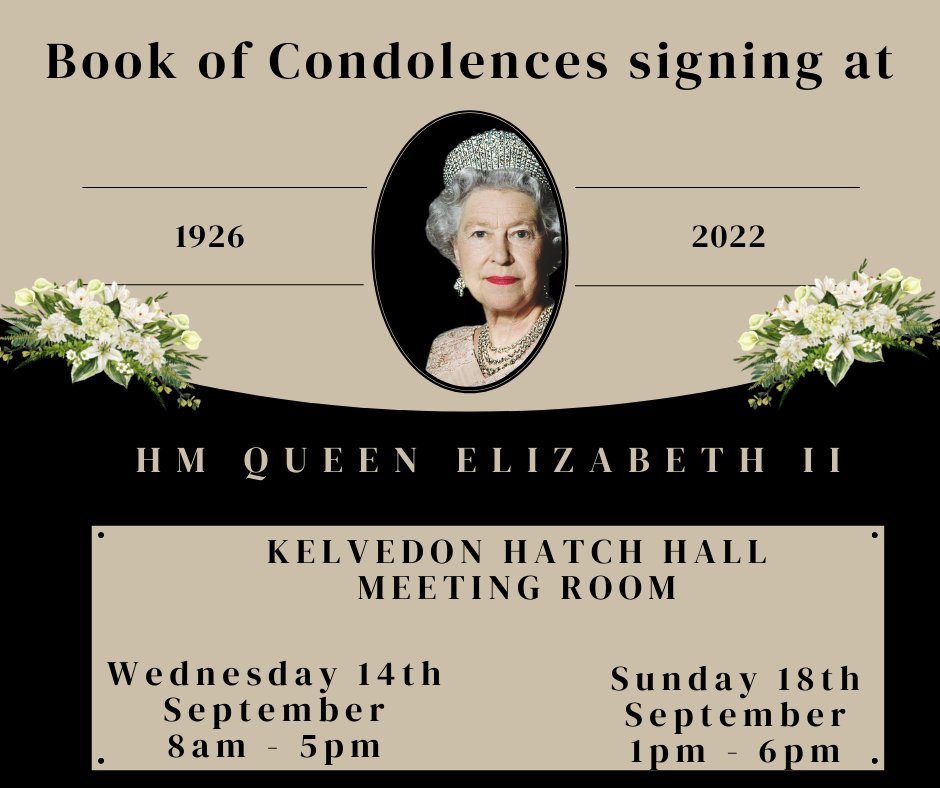 KHParishCouncil's tweet photo. Kelvedon Hatch Residents are cordially invited to sign the Book of Condolences for HM Queen Elizabeth II at the Village Hall's Meeting Room.
Wed 14th Sept - 8am - 5pm &amp; 
Sun 18th Sept - 1pm - 6pm https://t.co/k87ZdlFH0h