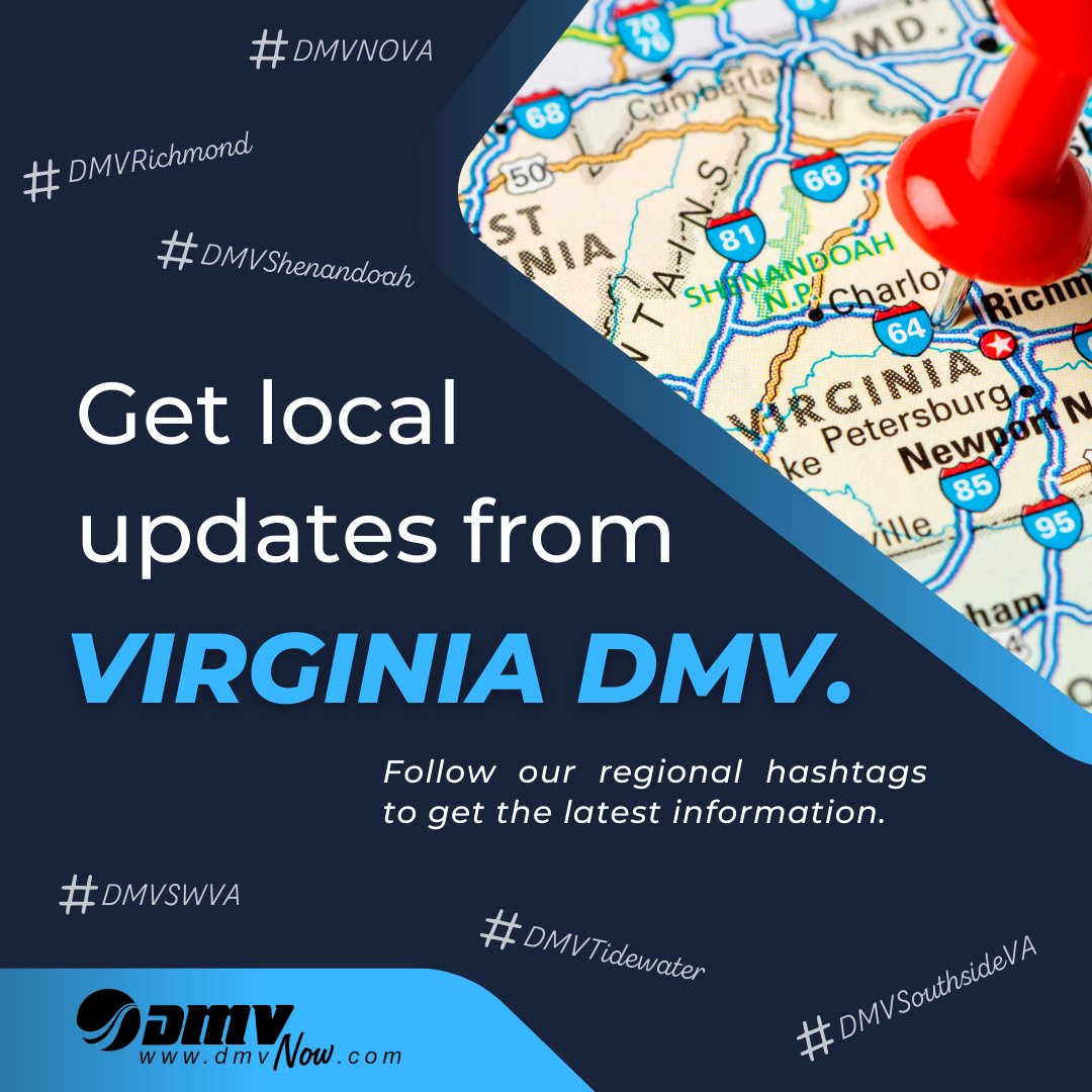 VirginiaDMV's tweet image. Need to know #WaitTimes and other important Virginia DMV updates before you visit? Follow our regional hashtags! 

⚫ #DMVNOVA
⚫ #DMVRichmond 
⚫ #DMVShenandoah 
⚫ #DMVSouthsideVA 
⚫ #DMVSWVA 
⚫ #DMVTidewater