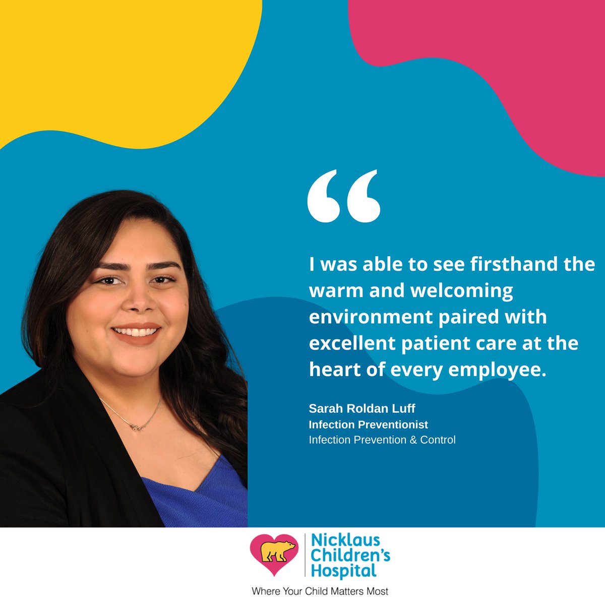 Nicklaus4Kids's tweet photo. Interested in working for our health system? Here are a few reasons why our employees choose Nicklaus Children’s as their second family! This is what Sarah Roldan Luff had to say about working for our health system. “My journey through Nicklaus Children’s Health System started as https://t.co/N2Gxy3J5nv