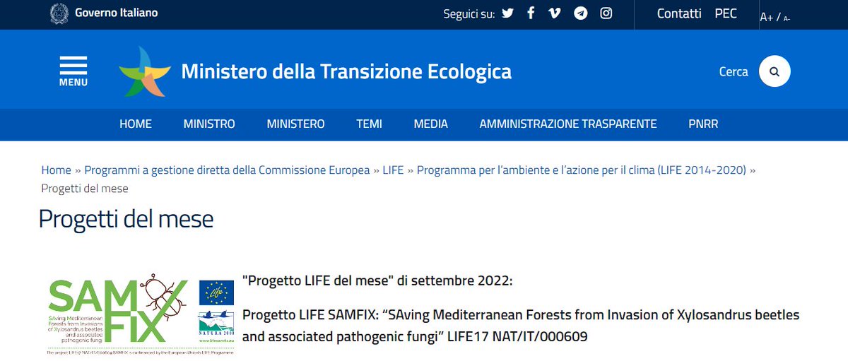<a href="/LifeSamfix/">SAMFIX</a> Project is the "Project of the month" on the Ministry of Ecological Transition website. It continues the partner's commitment to monitoring Xylosandrus spp in the Circeo National Park (<a href="/Parco_Circeo/">Parco del Circeo</a>).

mite.gov.it/pagina/progett…