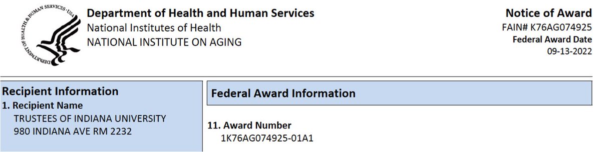 Excited to announce I received my NOA today from #NIH #NIA for the Paul Beeson Career Development Award to study oxidative stress and #aging in #ICU. Thanks to my mentors, colleagues, and family. @DeliriumKhan @RFPMachado @CMCALLAHANMD @IUMedSchool @DMAronoff @Regenstrief