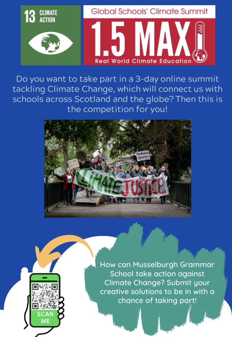 Calling all <a href="/mgsonline/">Musselburgh Grammar School</a> pupils! 

Is Climate Change something that concerns you? Are you interested in shaping the way our school talks about it, learns about it and tackles it? 

We have 16 places for the <a href="/1point5MAX/">1.5 MAX: Global Schools Summit</a> summit this November. See Google Classroom for more details.