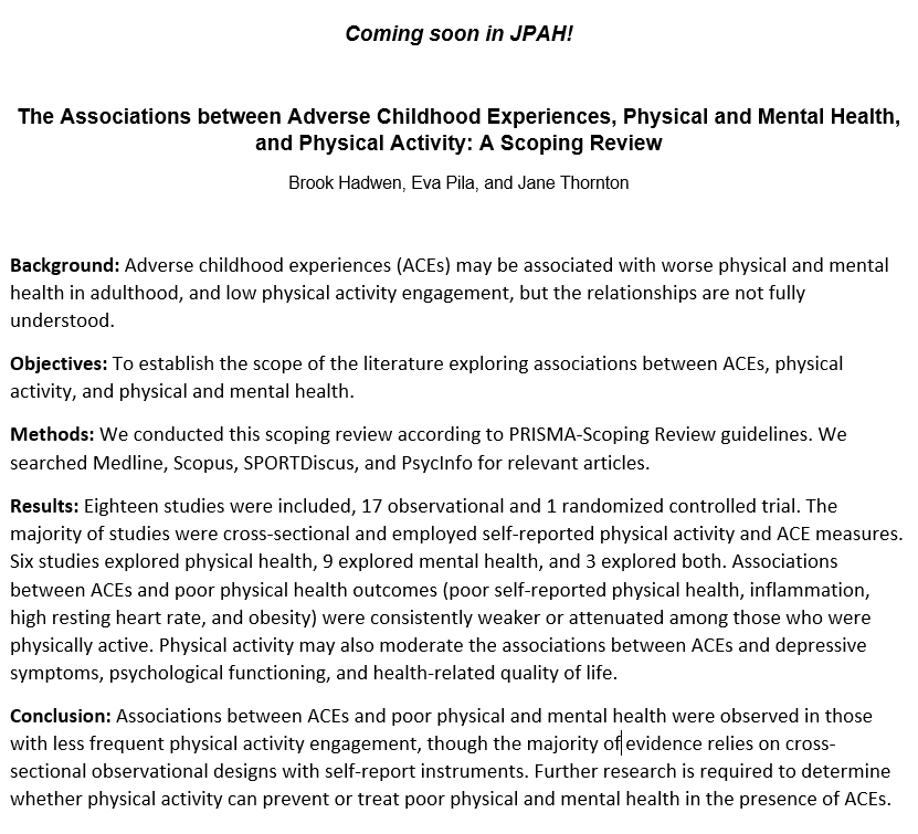 Journal of Physical Activity & Health (@jpahjournal) on Twitter photo ‼️ A brand new scoping review has found associations between adverse childhood experiences & poor physical and mental health in those with less frequent physical activity engagement.
<a href="/epila3/">Eva Pila, PhD</a> <a href="/JaneSThornton/">Dr. Jane Thornton OLY</a> <a href="/westernuFHS/">Western Health Sciences</a> ‼️ A brand new scoping review has found associations between adverse childhood experiences & poor physical and mental health in those with less frequent physical activity engagement.
<a href="/epila3/">Eva Pila, PhD</a> <a href="/JaneSThornton/">Dr. Jane Thornton OLY</a> <a href="/westernuFHS/">Western Health Sciences</a>