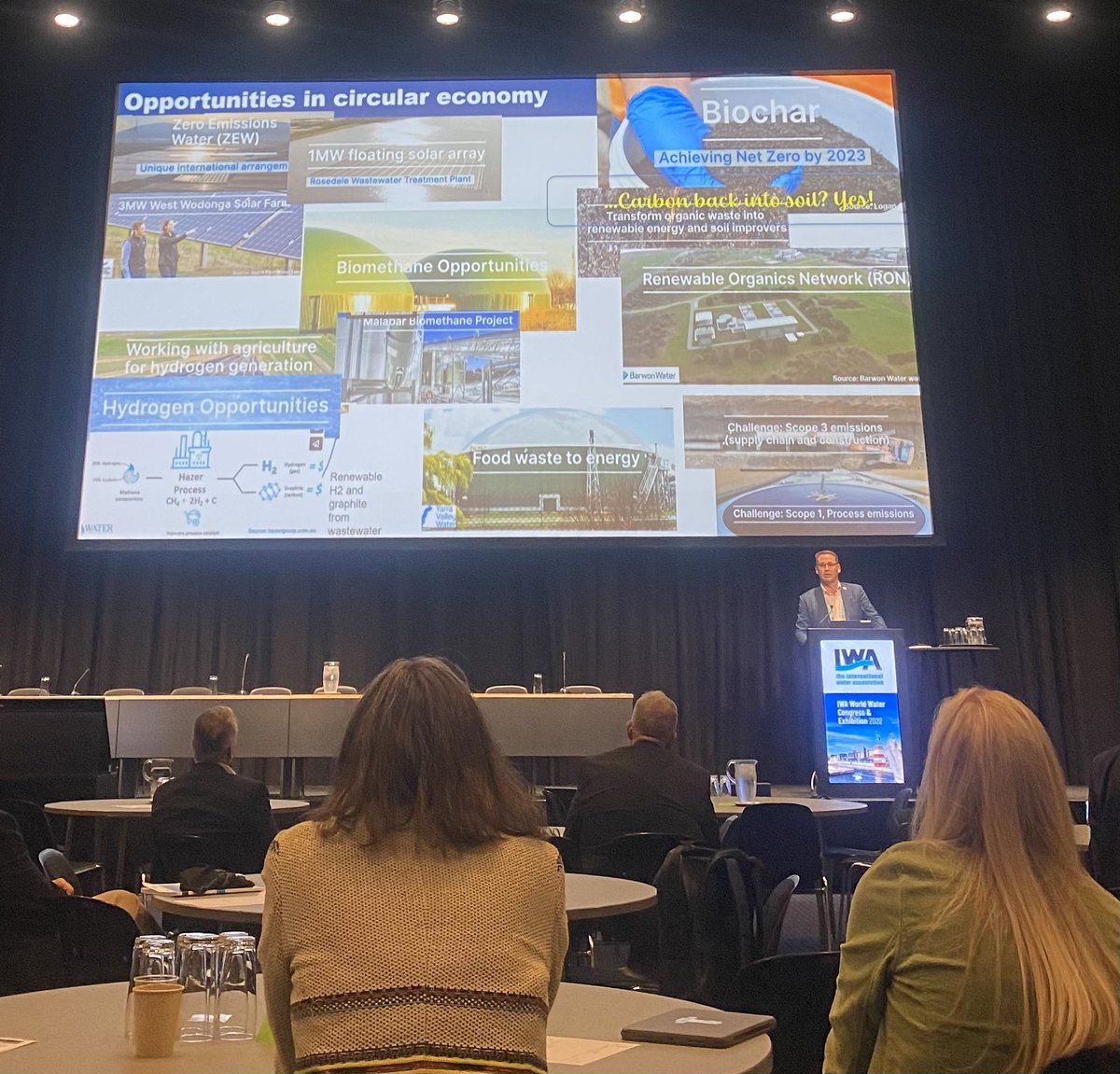 Great examples of #circulareconomy opportunities for #water &amp; wastewater utilities by @admlovell at the #UtilityLeadersForum at IWA #WorldWaterCongress. Inspiring to hear Australia is especially working with #biochar. And thanks to @miriamfeilberg for organising and chairing!