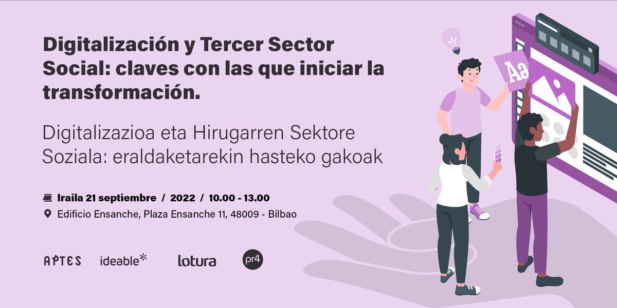 Si te (pre)ocupa la #Digitalización y el #TercerSectorSocial, estás de suerte: el 21 de septiembre en Bilbao, organizamos + <a href="/pr4_tec/">pr4 tecnología social • giza teknologia</a> <a href="/lotura/">Lotura.com</a> e <a href="/Ideable/">Ideable</a> una jornada en la que nos contarán sus experiencias <a href="/grupo_ssi/">Grupo SSI</a> <a href="/grupogureak/">Gureak</a> <a href="/Agintzari/">CIS-GEK Agintzari</a> @Bizitegi_org <a href="/NagusilanDonos/">Nagusilan Donostia</a> <a href="/OEskolara/">Ongi Etorri Eskolara</a>