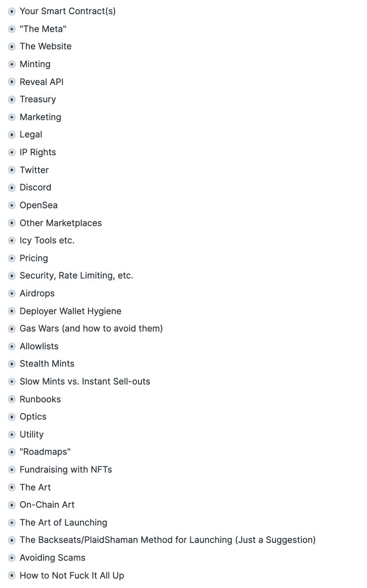 I fleshed out my NFT guide more this morning.

A bunch of new sections emerged.

Might make sense for this to be a <a href="/RoamResearch/">Roam Research</a> book since many of the sections or sub-sections reference each other (ex. Withdrawing references Optics references Fundraising With NFTs).