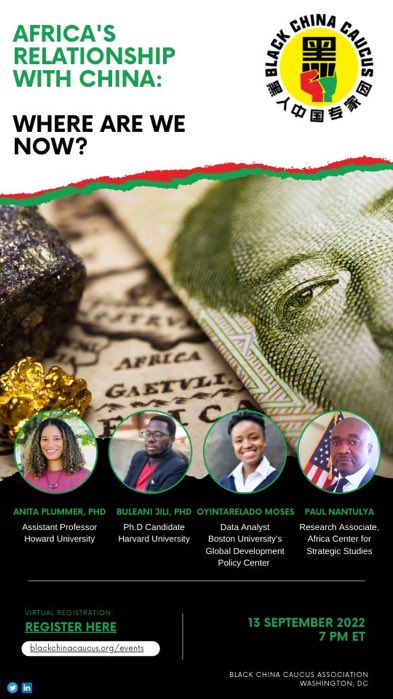 Honored to join award-winning panel@ #BlackChinaCaucus event to discuss #China and #Africa #China relations. Register Below to Join us. @BLKChinaCaucus @ChinaGSProject @CAAC_Network @BlackLivityCN @cnmediaproject @AndrewSErickson @ics_delhi @USCC_GOV @RWGreen2 @issafrica