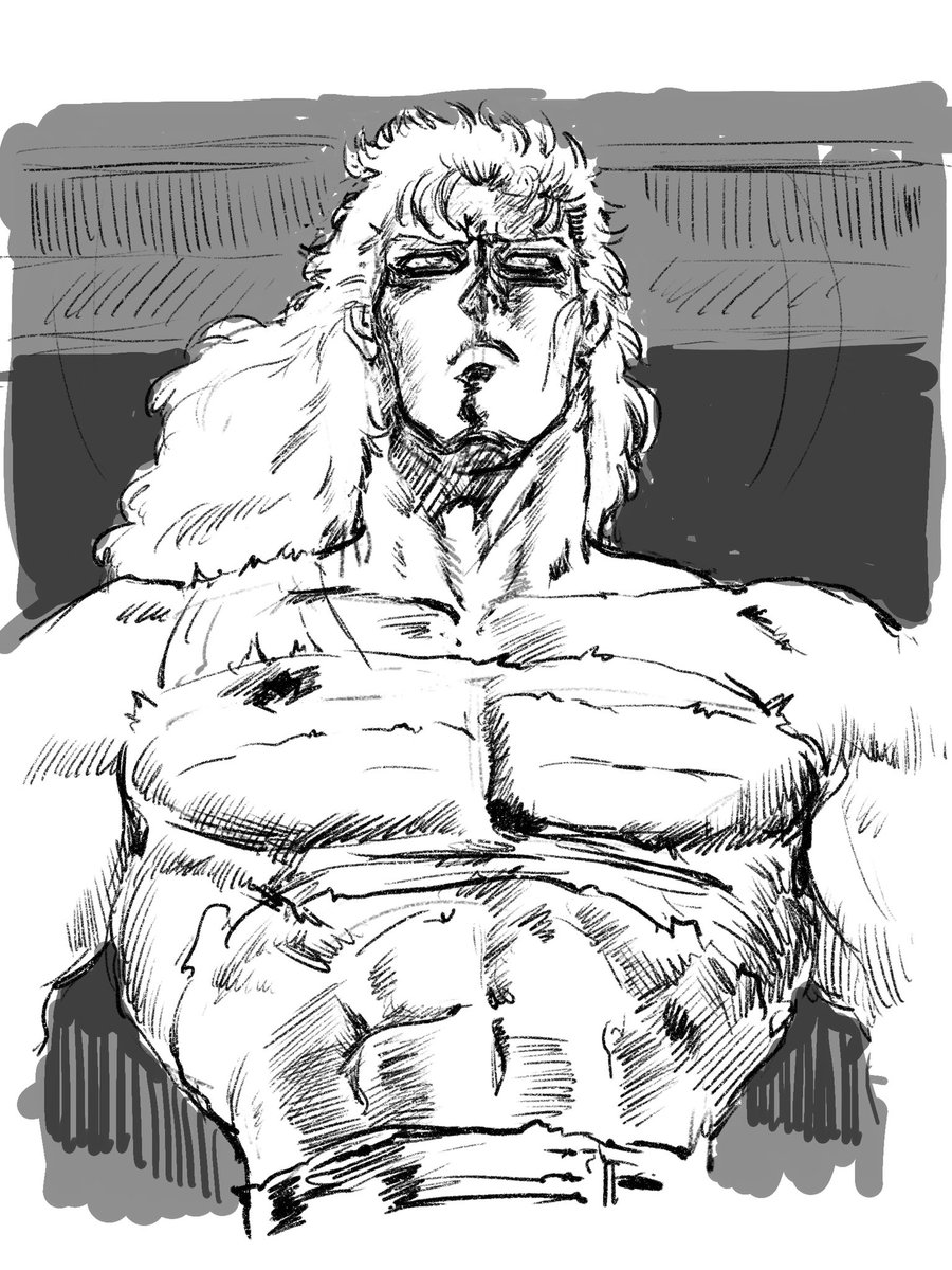 今日のスケッチ
 #北斗の拳の日
という事で心霊台を突かれた後の白髪レイです。 