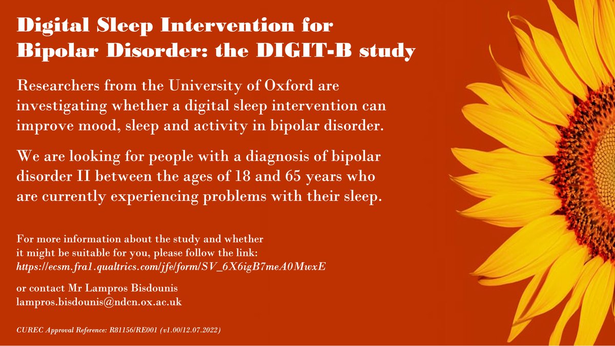 In our newest study we are looking at whether a digital #sleep intervention can improve mood and sleep in #Bipolar Disorder. If you are between the ages of 18 and 65 years and have a diagnosis of Bipolar Disorder II, you can find out more here: ecsm.fra1.qualtrics.com/jfe/form/SV_6X…