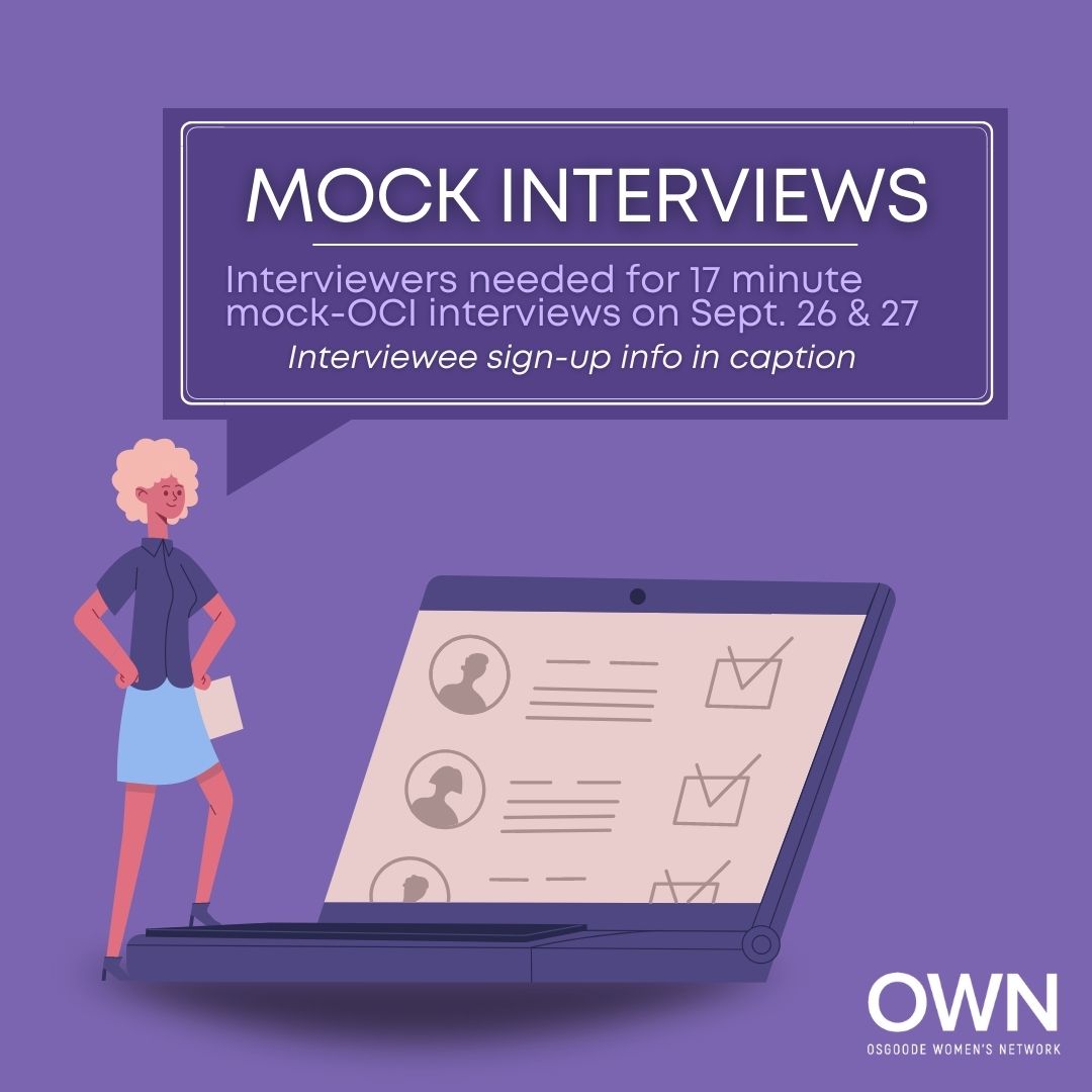 Recruit season is upon us! Interviewers needed for our women-identifying community at Osgoode who are going through the OCI or formal recruit process.

Interviewer sign-up: 
forms.gle/jvm2WWptoWcTaP…
Interviewee sign-up:
forms.gle/FuVH5fZmkhhi1o…