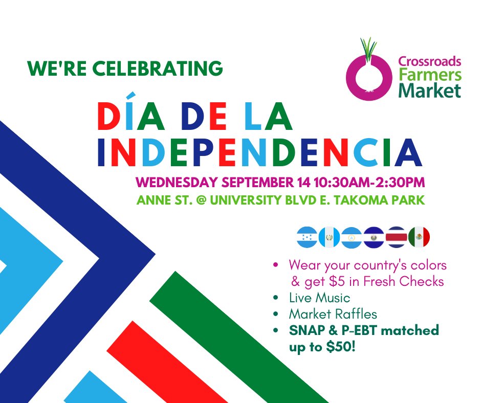 Celebrate Dia de La Independencia- mailchi.mp/84839454dcc6/c… This week, wear the colors of your favorite Central American country, or traditional clothing, and get $5 in Fresh Checks! SHARE Food Network, Maryland Hunger Solutions, and the Luminis Van will also join us!