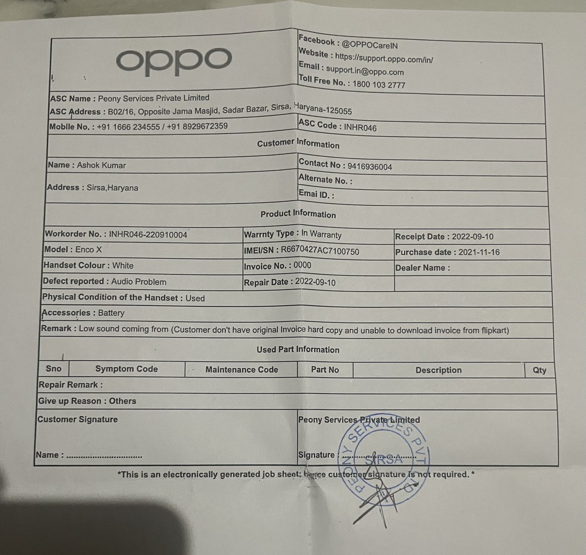 Rathasingh141's tweet photo. @oppo Oppo care give me a job sheet as a proof and told me to take action in consumer court. I want to exchange my order. This is the job sheet https://t.co/Yuay4dIBfL