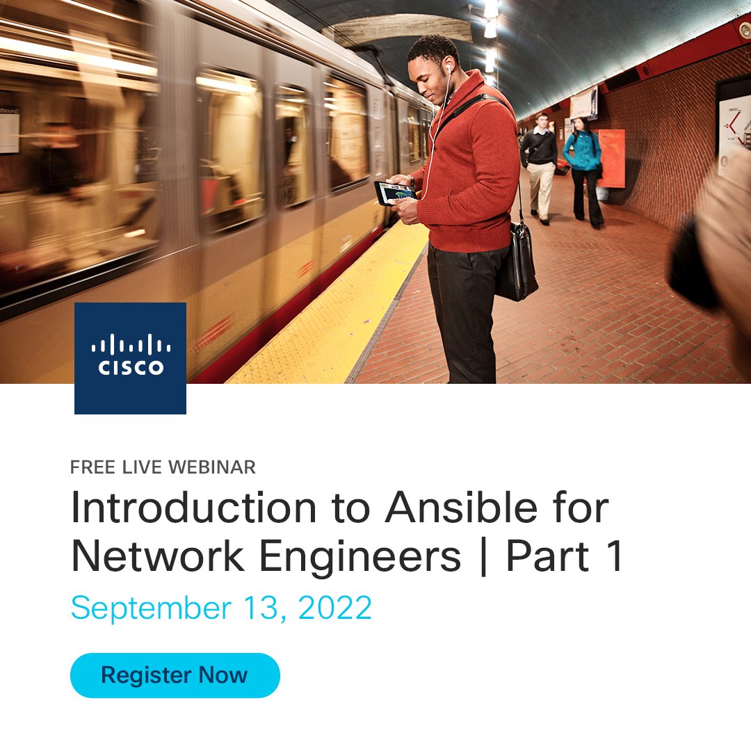 LearningatCisco's tweet photo. Network engineers, it's the intro to #networkautomation you've been waiting for — and it's free. 👍 

Hurry, register now to join @renobelk LIVE today at 10 a.m. PT to get your questions answered in real-time: https://t.co/kr82efqzRj

#NetEng #TechTwitter #Ansible https://t.co/XQOkR7ERMZ