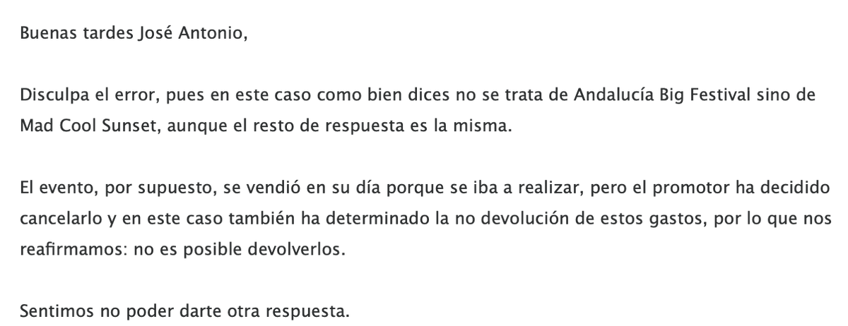 jcabmar's tweet photo. @battleofmarconi @facua @madcoolfestival Es que además, los 8,90€ en conceptos de gastos de gestión que cobra @TicketmasterES  incluyen entre otras cosas que si el evento se cancela, puedan tramitar la devolución. Me han respondido esto. Denunciad a @madcoolfestival. Ojalá @consumomadrid pueda imponer una sanción. https://t.co/zUHnplydzz