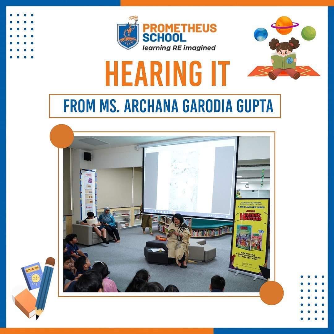Prometheus_Edu's tweet photo. This Monday, we kickstarted our Literary Week where to mark the occasion, we had author Ms. Archana Garodia Gupta with us for a book recital of her latest publication. ‘History Hunters: Chandragupta Maurya and the Greek Onslaught’.

#literary #literaryweek https://t.co/zRZQZof2n7