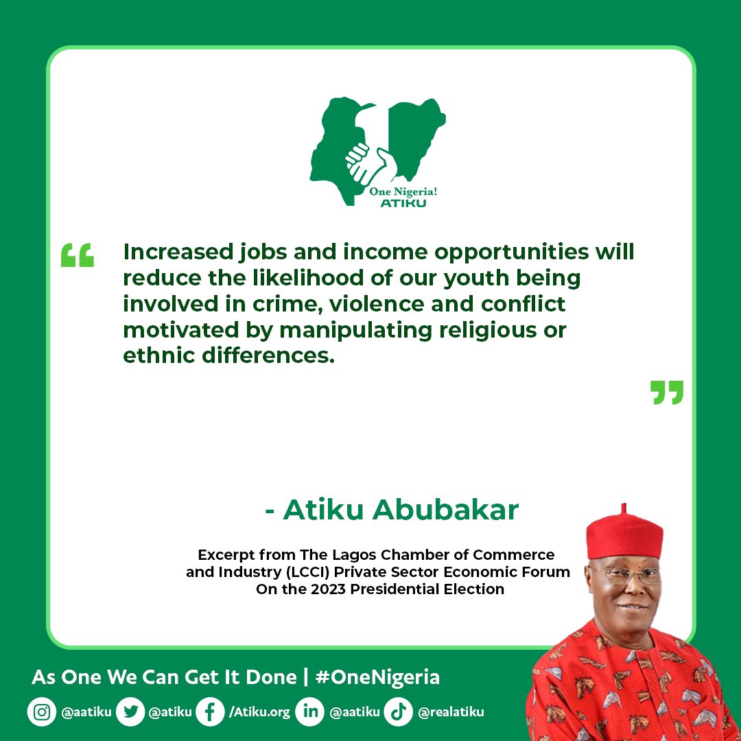 atiku's tweet photo. Increased jobs and income opportunities will reduce the likelihood of our youth being involved in crime, violence and conflict motivated by manipulating religious or ethnic differences. #AtikuAtLCCI https://t.co/utzqBJ3mbu