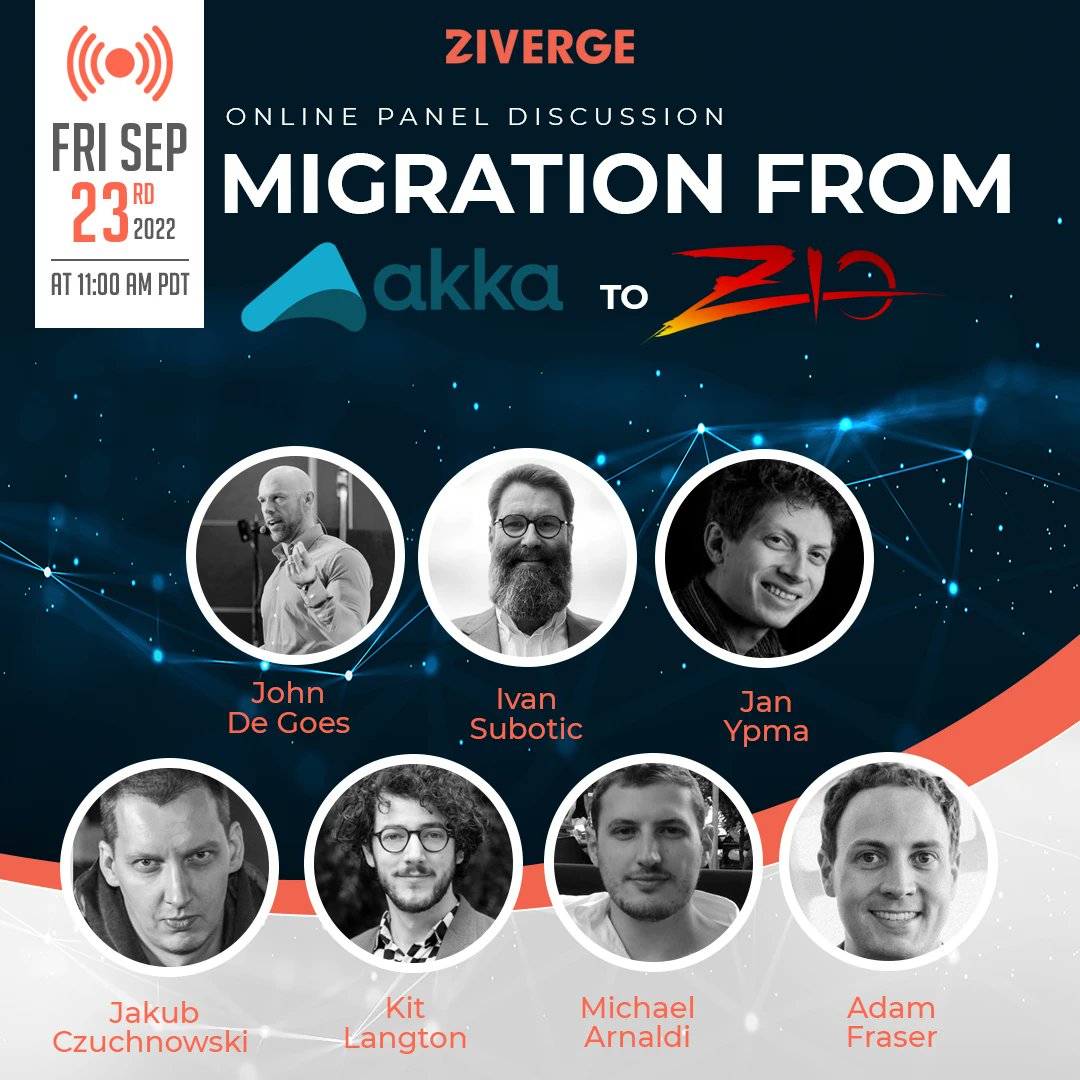 zioscala's tweet photo. Join the panel discussion with @jdegoes, @adamfraser, @subotic, @kitlangton, @jczuchnowski, @jypma, and @MichaelArnaldi talking about #ZIO as an alternative solution to Akka.

Hear successful migration stories as well as learn about ZIO key features.

➡️ https://t.co/IMFxcT7yq1 https://t.co/SZ1lnUkjCq
