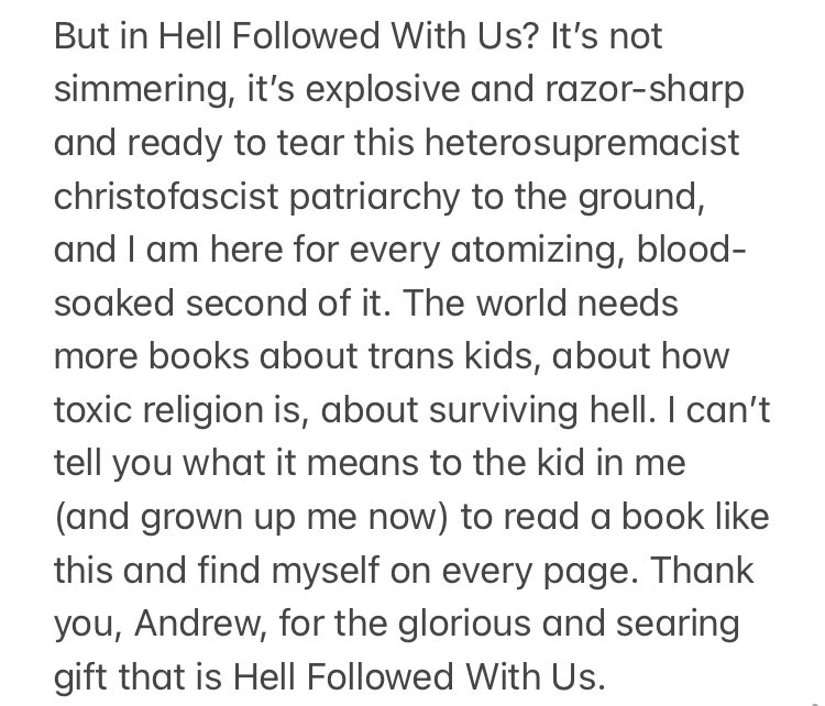 Finished <a href="/AJWhiteAuthor/">Andrew Joseph White 🏴🏳️‍⚧️</a> ‘s book HELL FOLLOWED WITH US (his photo) and 🤯🤯. It’s sharp and smart and deadly and queer af. My honest reaction attached in images. 

Go read it.